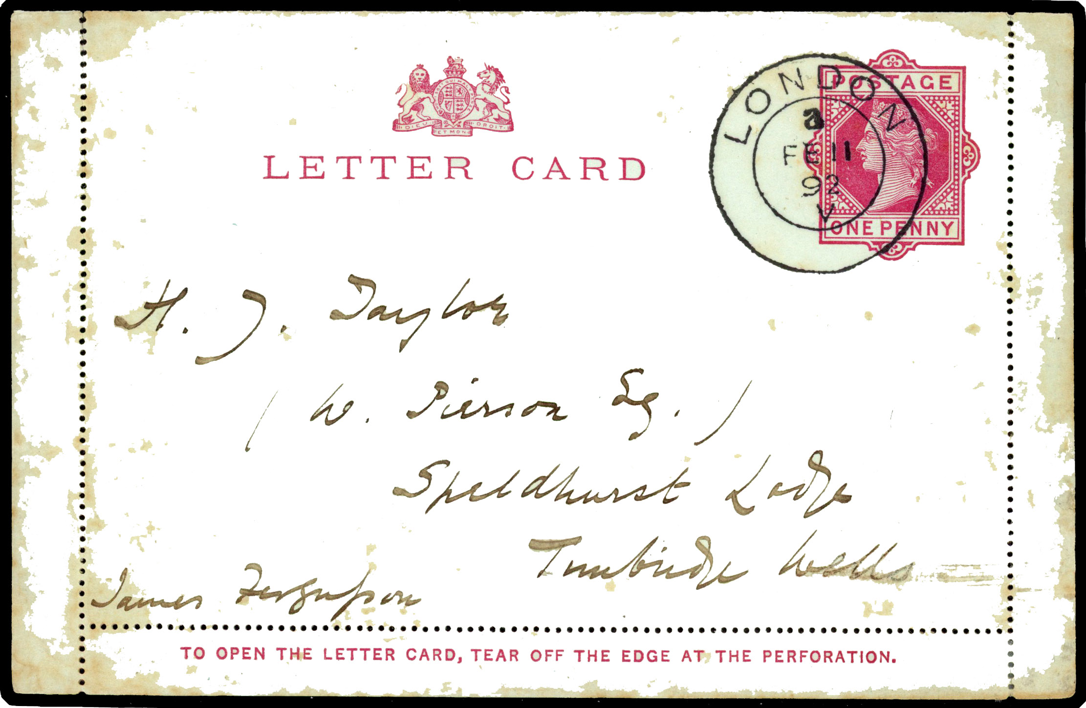 1892 1d letter Card. Fine used example in pale carmine first day 