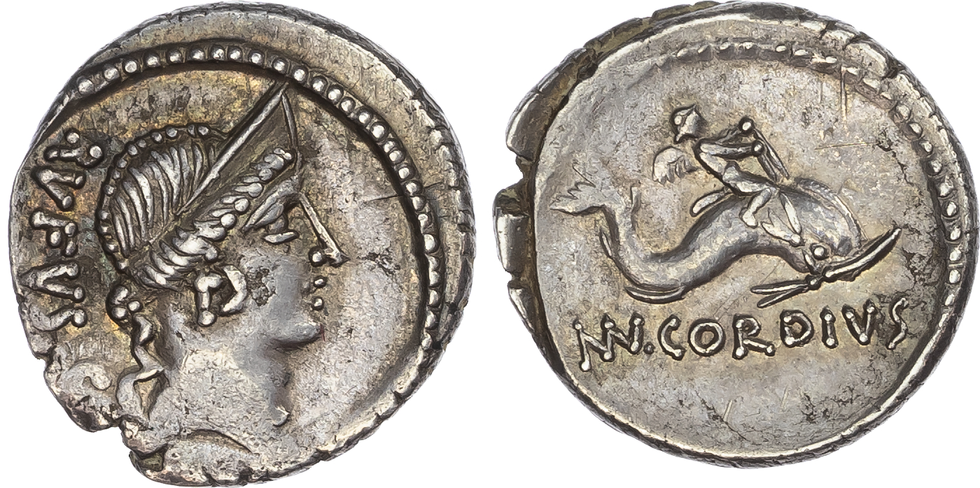 Mn. Cordius Rufus (46 BC) AR Denarius, Rome, 3.84g.