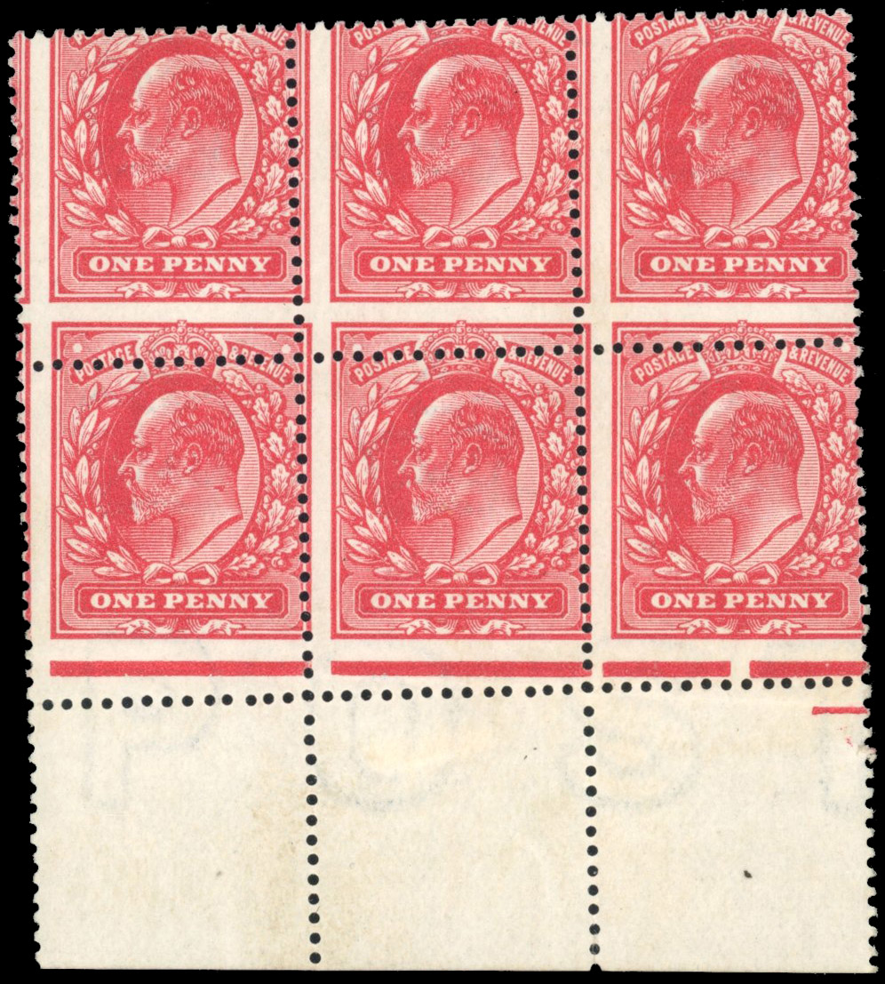 GB 1911 Harrison perf 14 1d rose-red, mint lower marginal block of six showing remarkable misperf