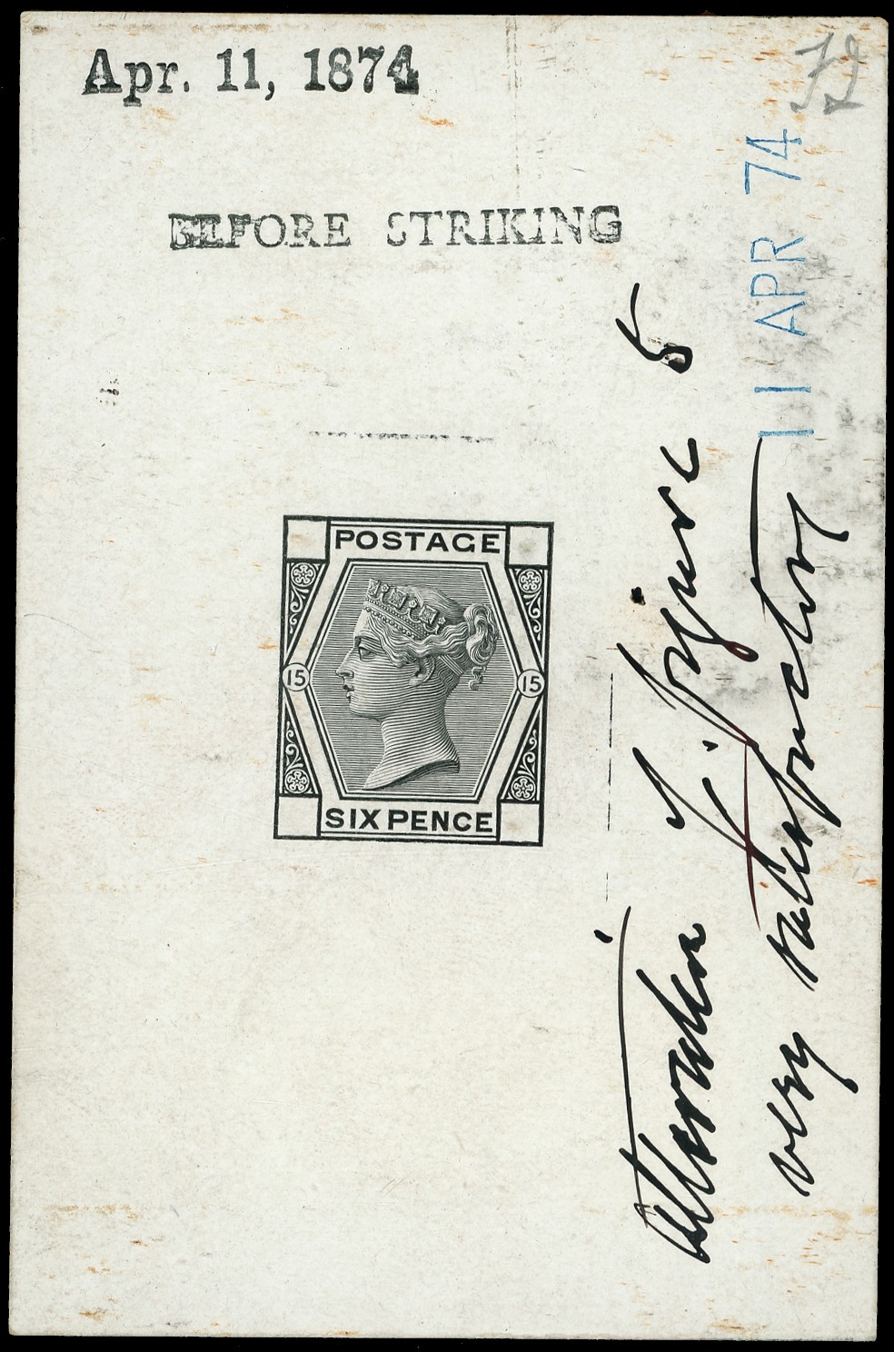 1874 6d Die proof Pl.15. with annotations
