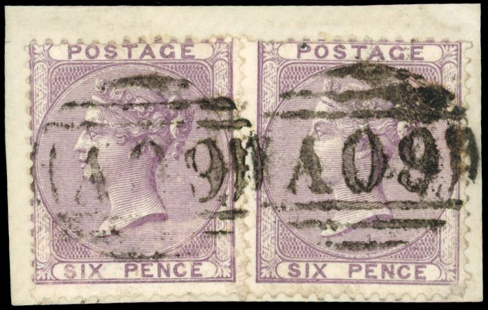 Nevis 1858-60 GB 6d lilac, two on piece with A09 cancels