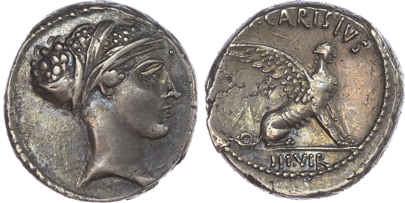 T. Carisius (46 BC) AR Denarius, Rome, 4.07g. Head of the Sibyl Herophile facing right. Rev. T•CARISIVS, sphinx seated