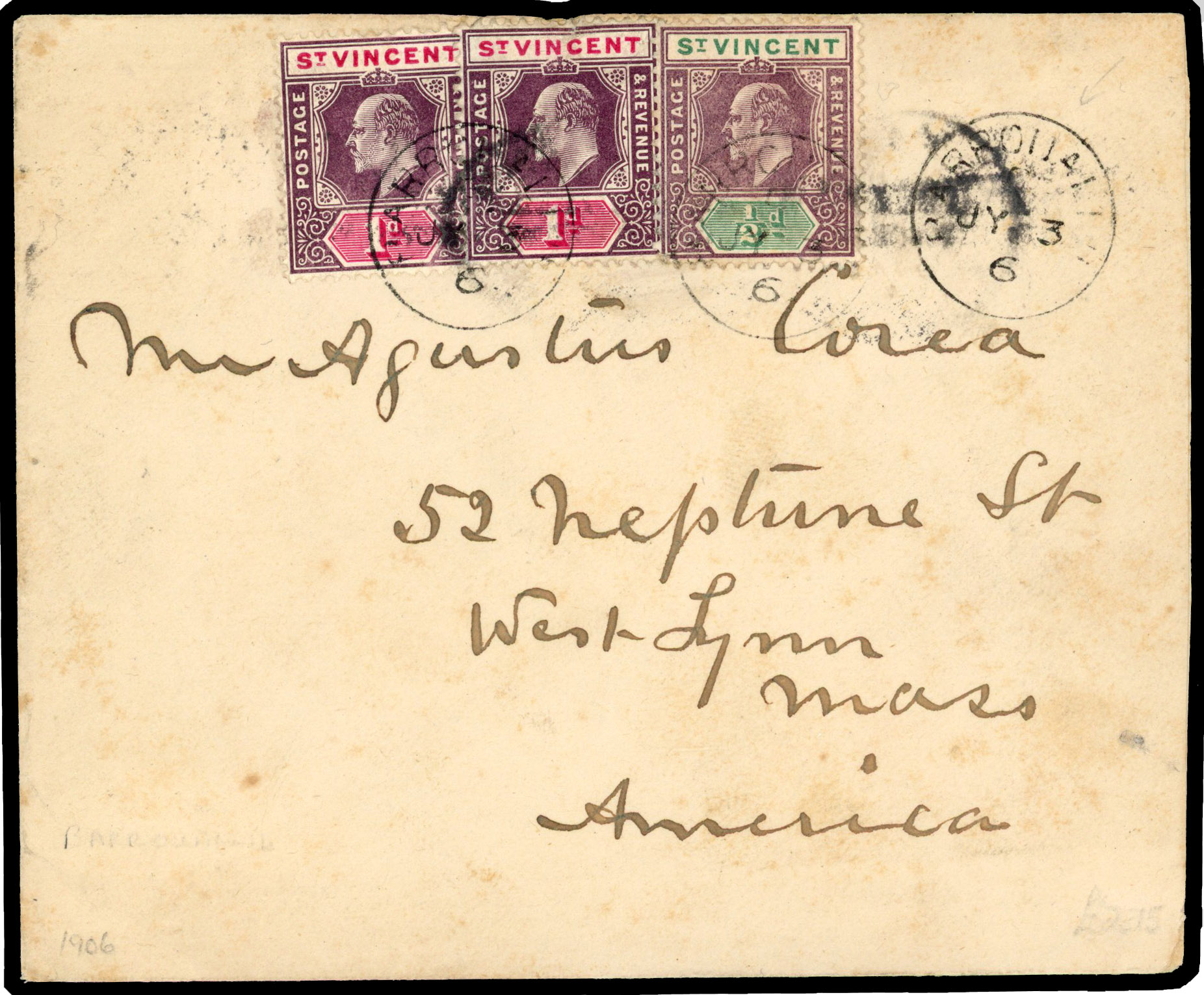 ST VINCENT: 1906 cover to USA franked ½d and 2 x 1d tied by scarce ‘BARROUALLE JY 3 6’ cds with additional strike alongside,