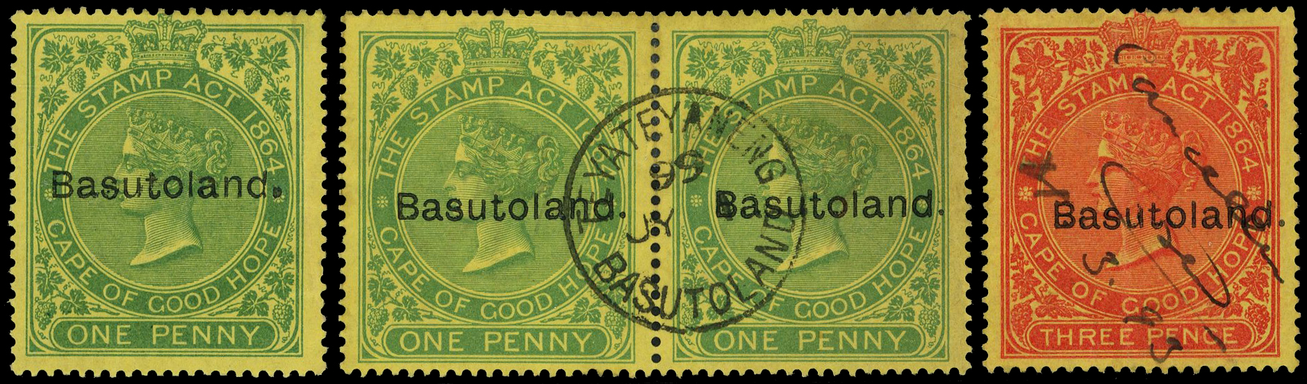 c.1893 20.5mm x 2.5mm ‘Basutoland’ overprint on 1885 Cape Revenues x4
