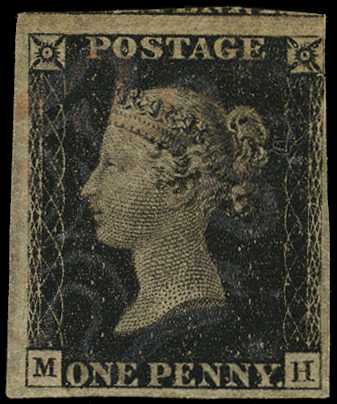 1840 1d black plate 1b (MH) 3-4 margins,...