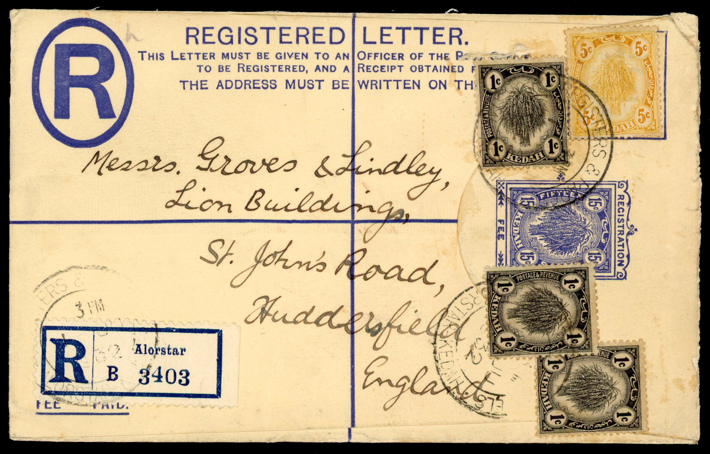 KEDAH: 1932 15c blue registered stationery envelope (size G) to England,