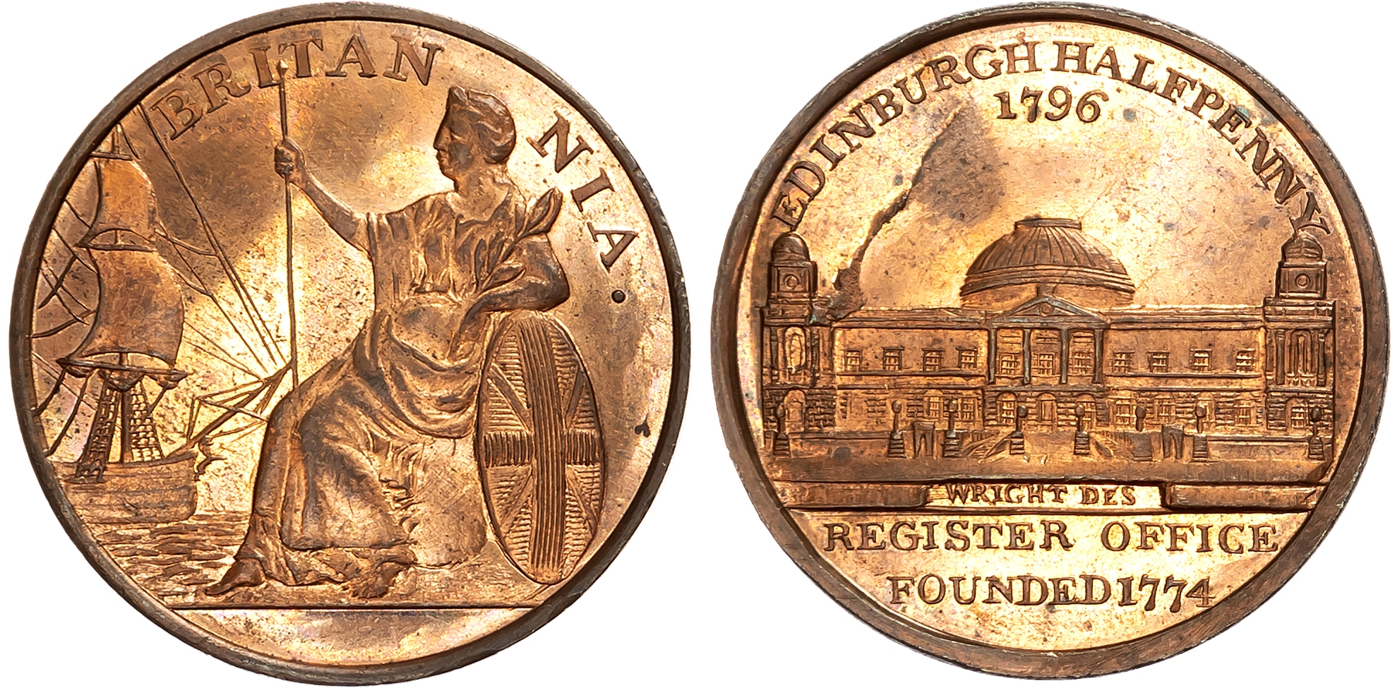 Loth. Edinburgh, James Wright Halfpenny 1796, View of façade of the Register Office, rev. Britannia seated left, ship sa …