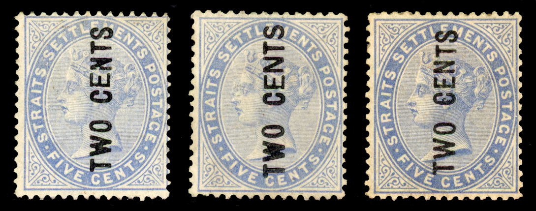 Straits Settlements SG 76/78 1884 TWO CENTS surch trio