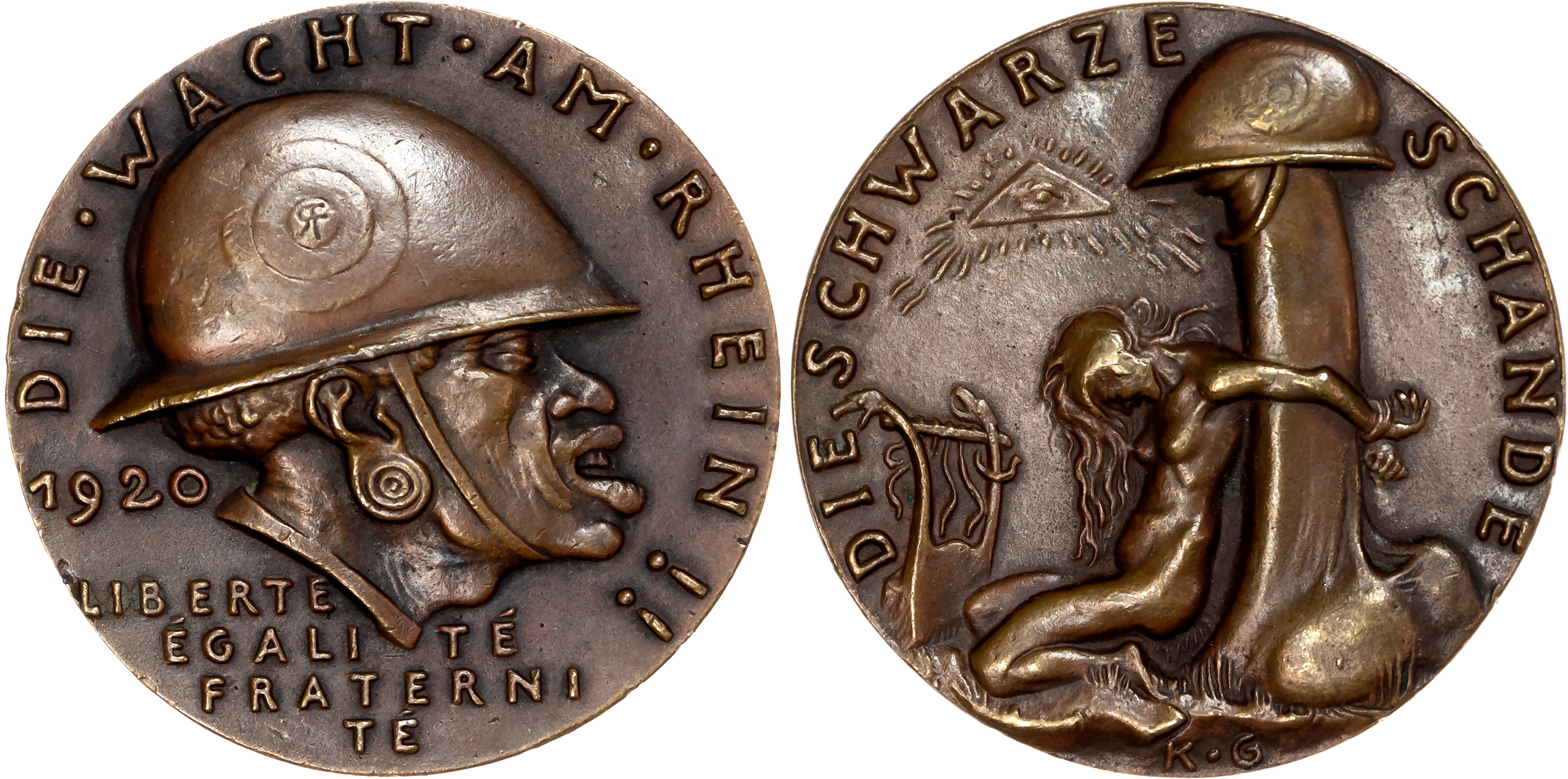 Germany, The Watch on the Rhine ‑ and The Black Shame, cast bronze medal, 1920, by Karl Goet