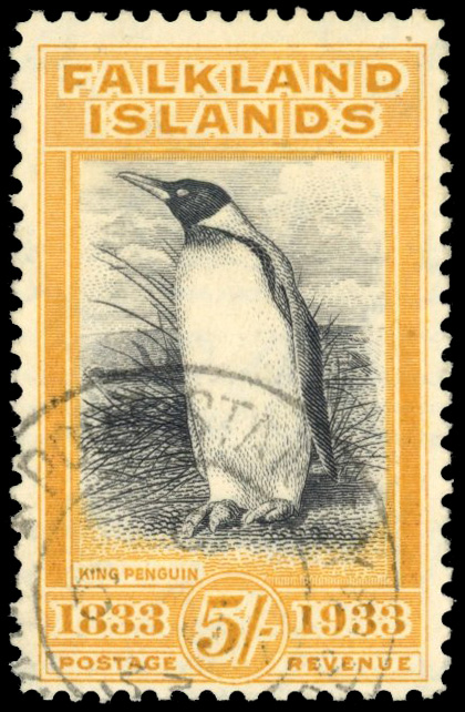 Falkland Islands SG 136a 1933 Centenary 5s yellow-orange, Madame Joseph cancel