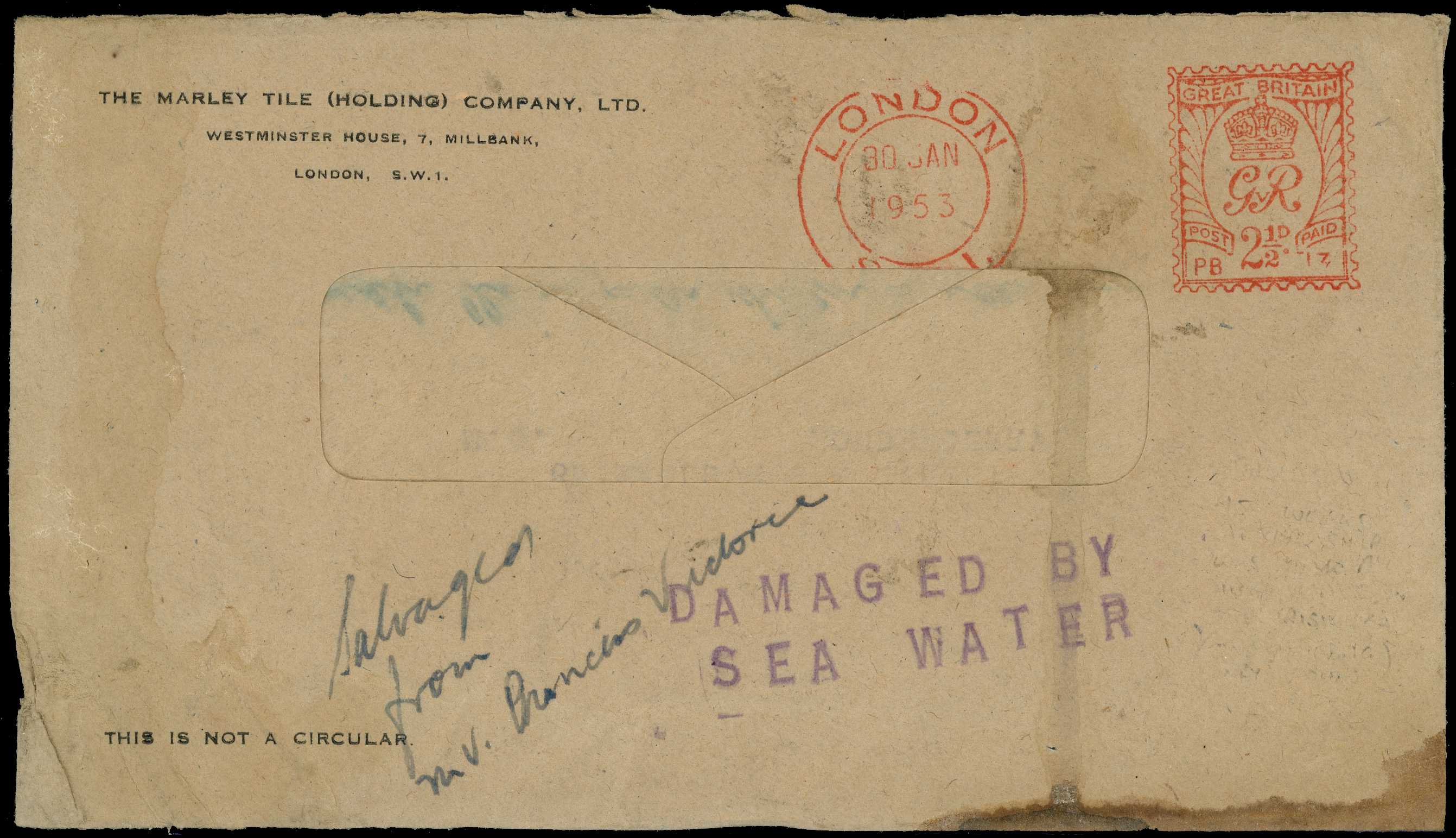 DISASTER MAIL: 1953 envelope from London...