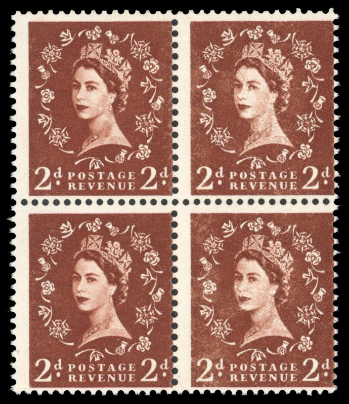 GB 1958 2d Red brown “Dollis Hill Phosphor Trial“ block, ST4(3)a