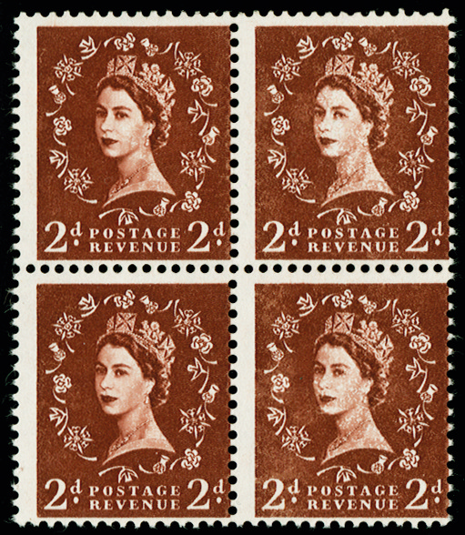 GB SG573var 1958 2d Red brown “Dollis Hill Phos Trial“. x 4.