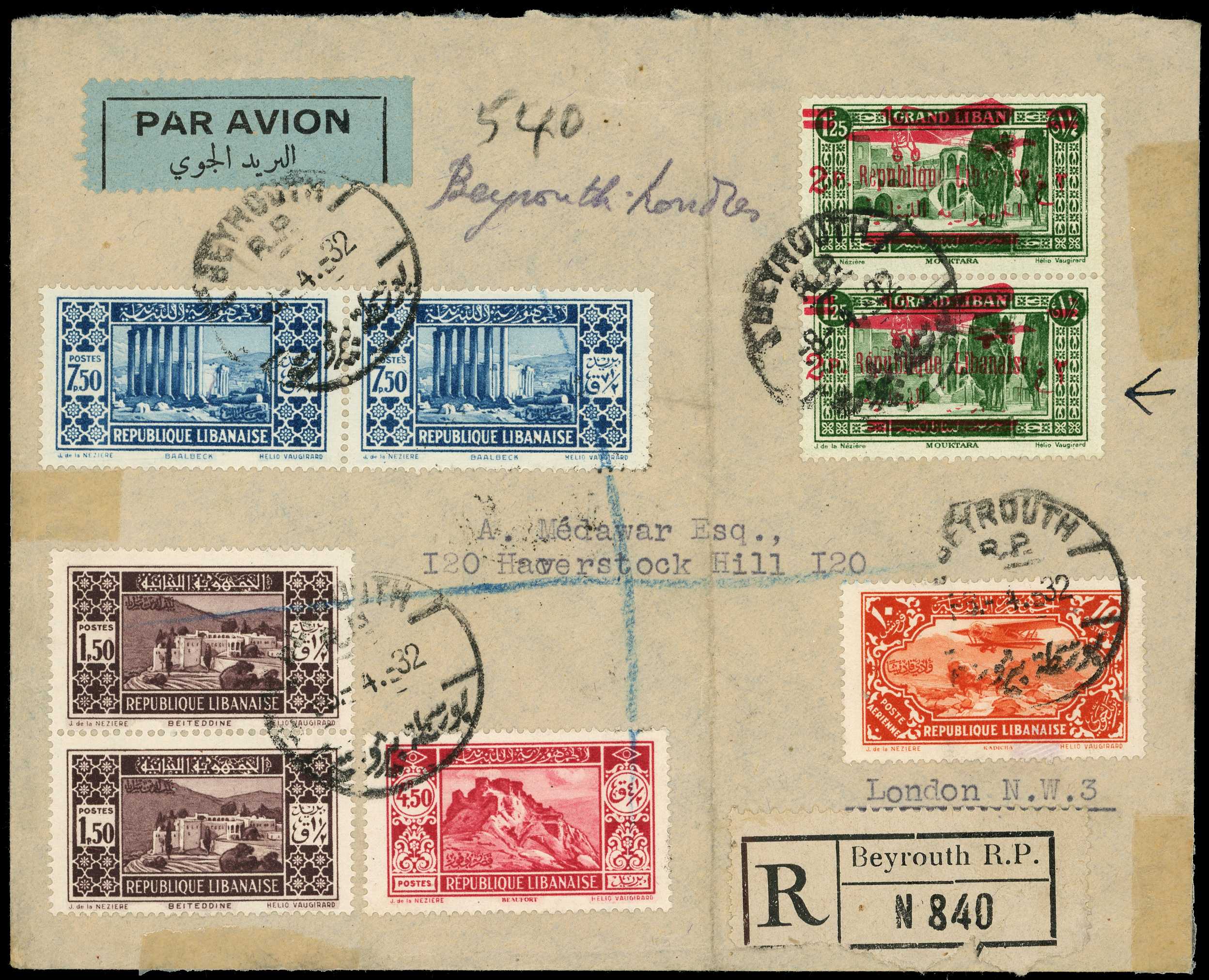 Lebanon POSTAL HISTORY: 1932 registered airmail to...