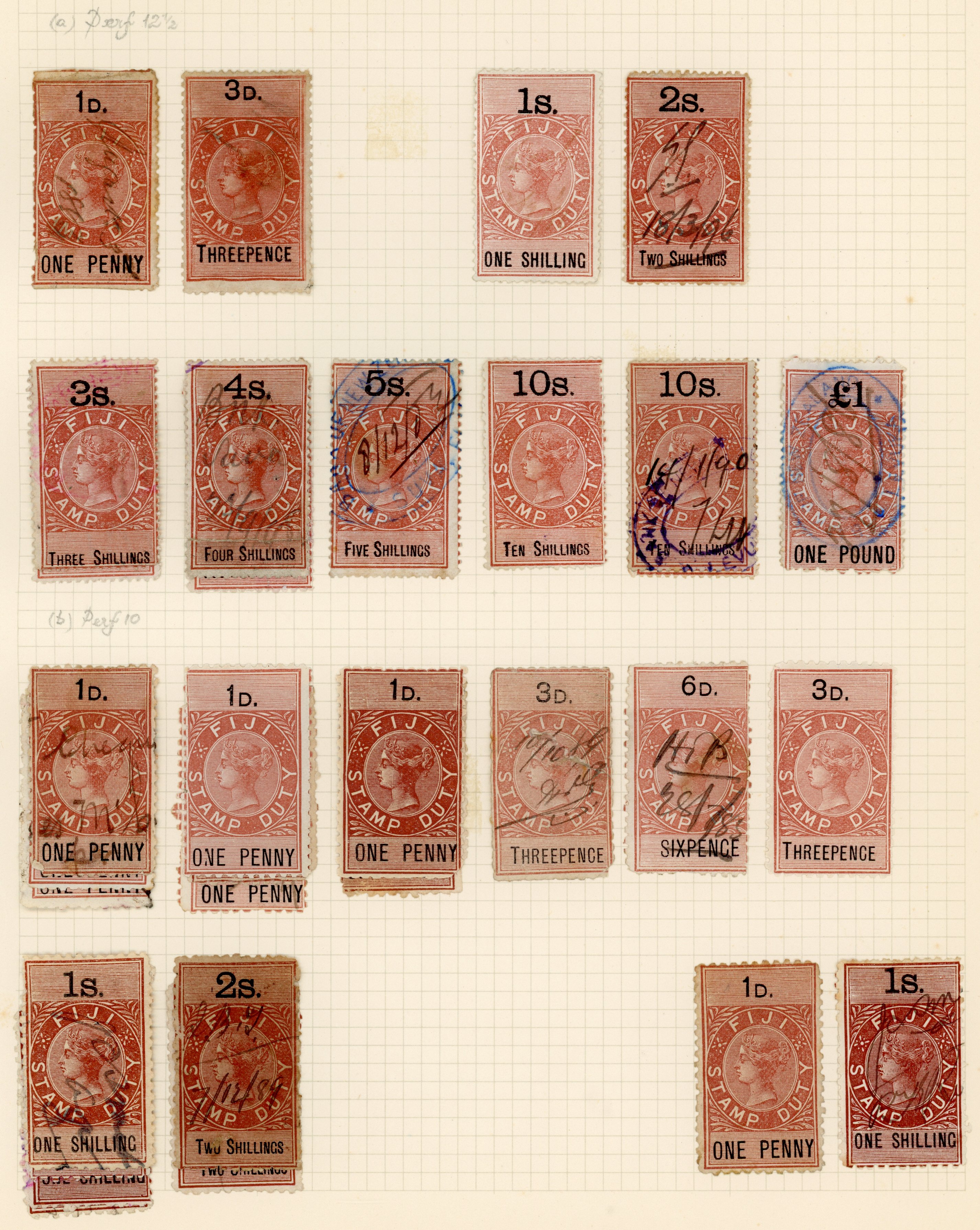 Fiji Revenue: 1883 brown and black issue x 28 with values to £1