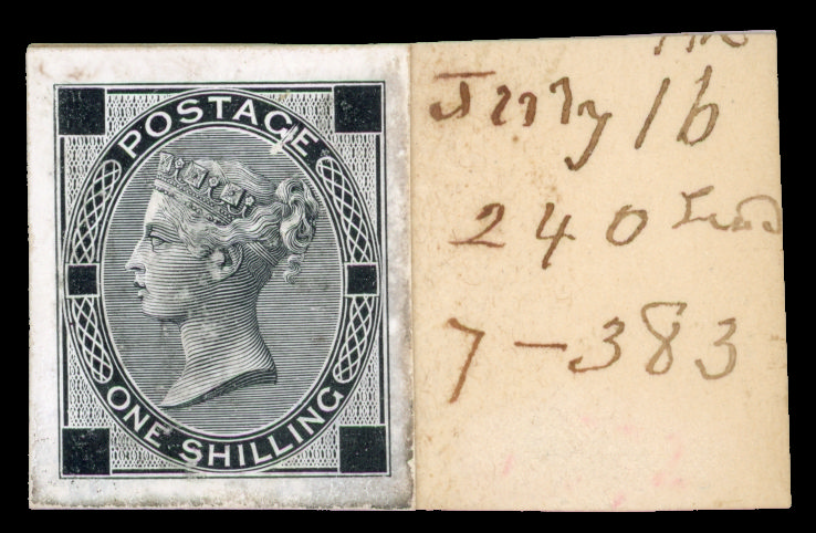 1867 1s Die proof, cut to size in black on white glazed card with void plate numbers and corner letters