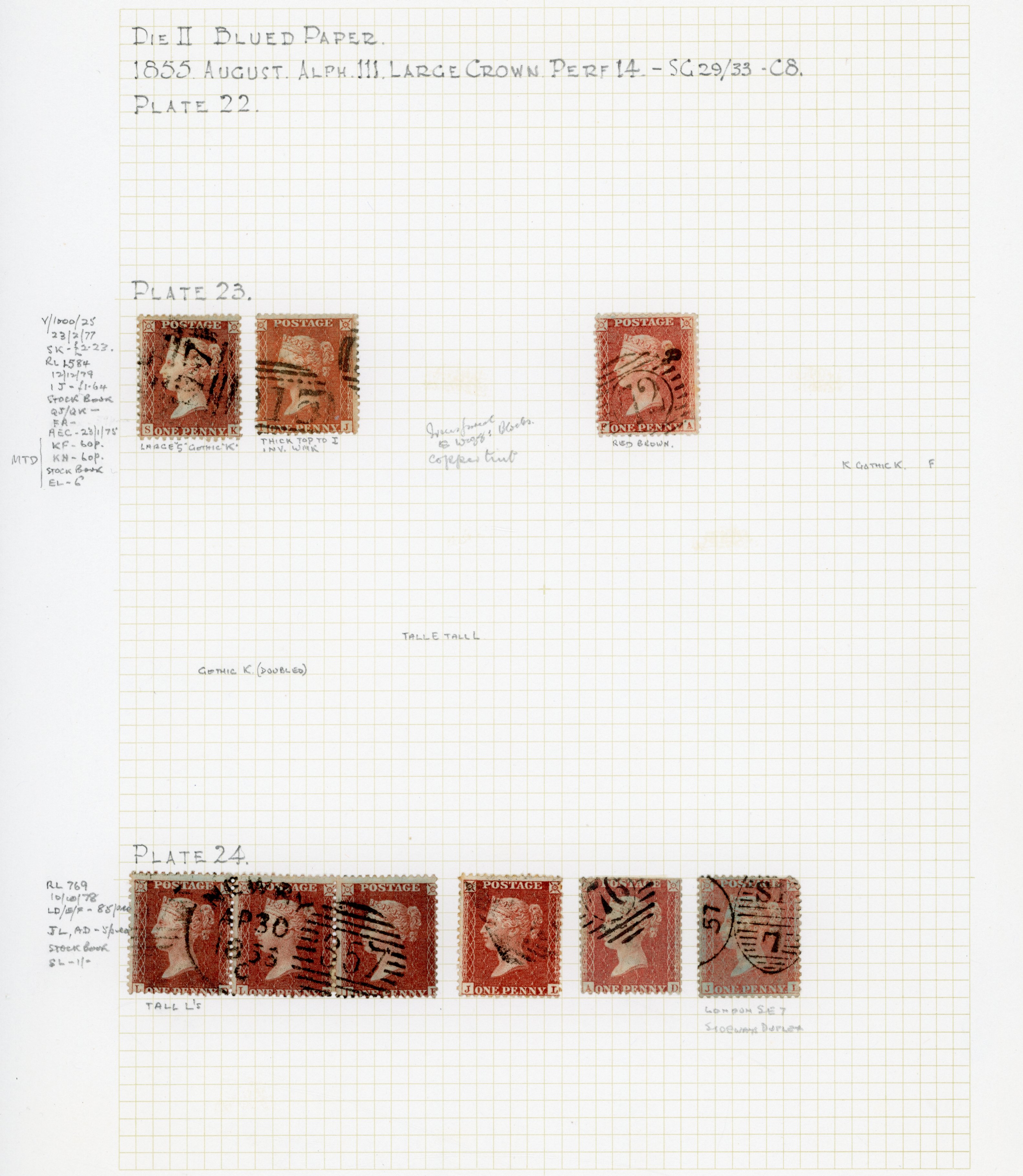 GB 1856-57 1d reds on leaves C8/9 plated collection