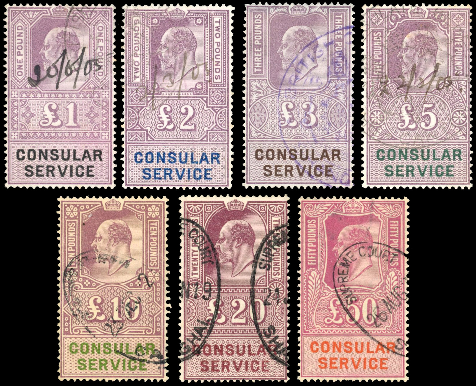 GB Consular Service 1902 £1 to £20 and 1915 £50 used