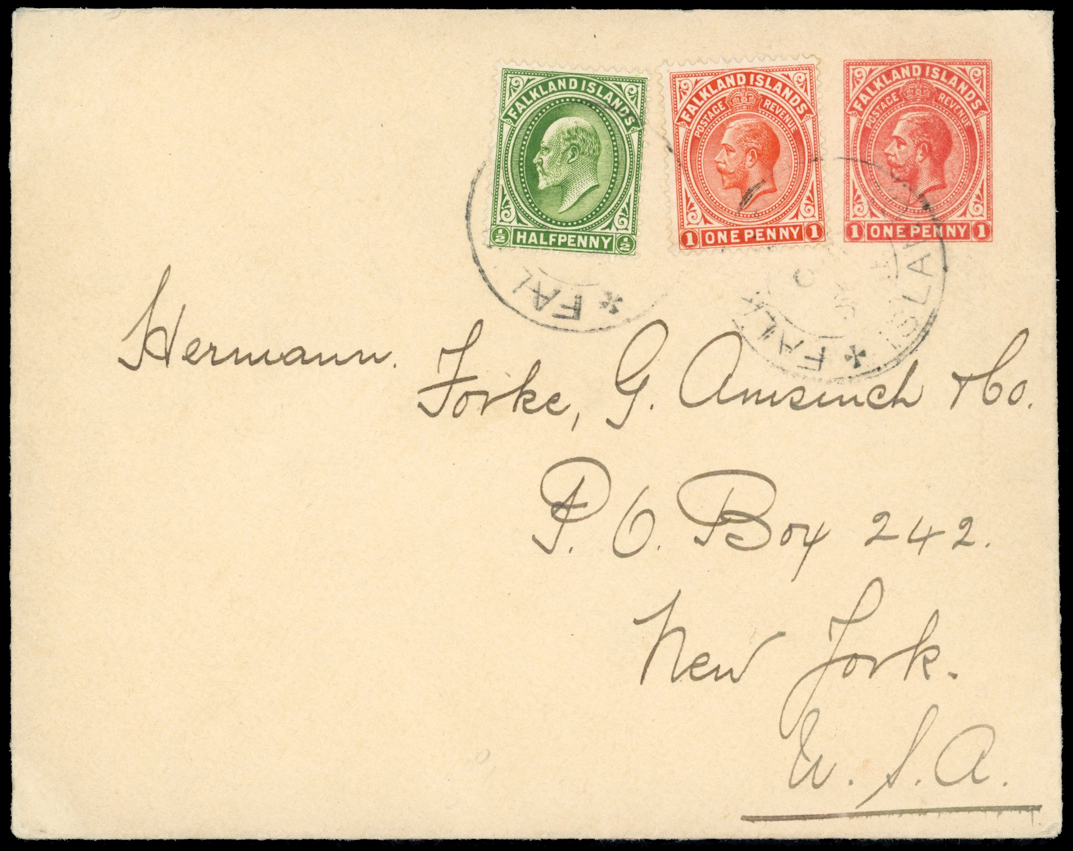 Falkland Is SG 43c, 61 1915 use of stationery envelope with mixed reign franking