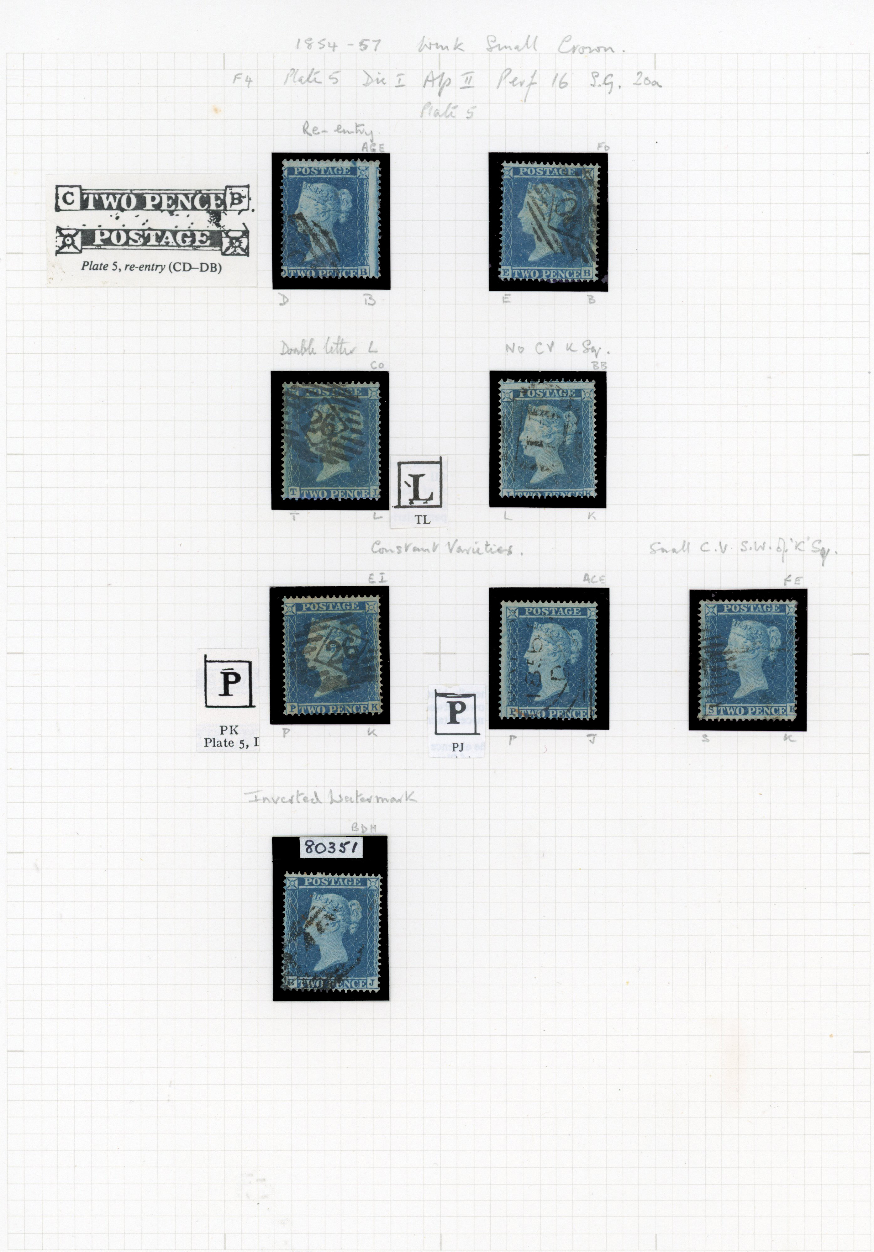 1855 2d Blue Pl.5 (SG20a, Die I, Alphabet II, Wmk. Small Crown, Perf 16). A fine group of eight