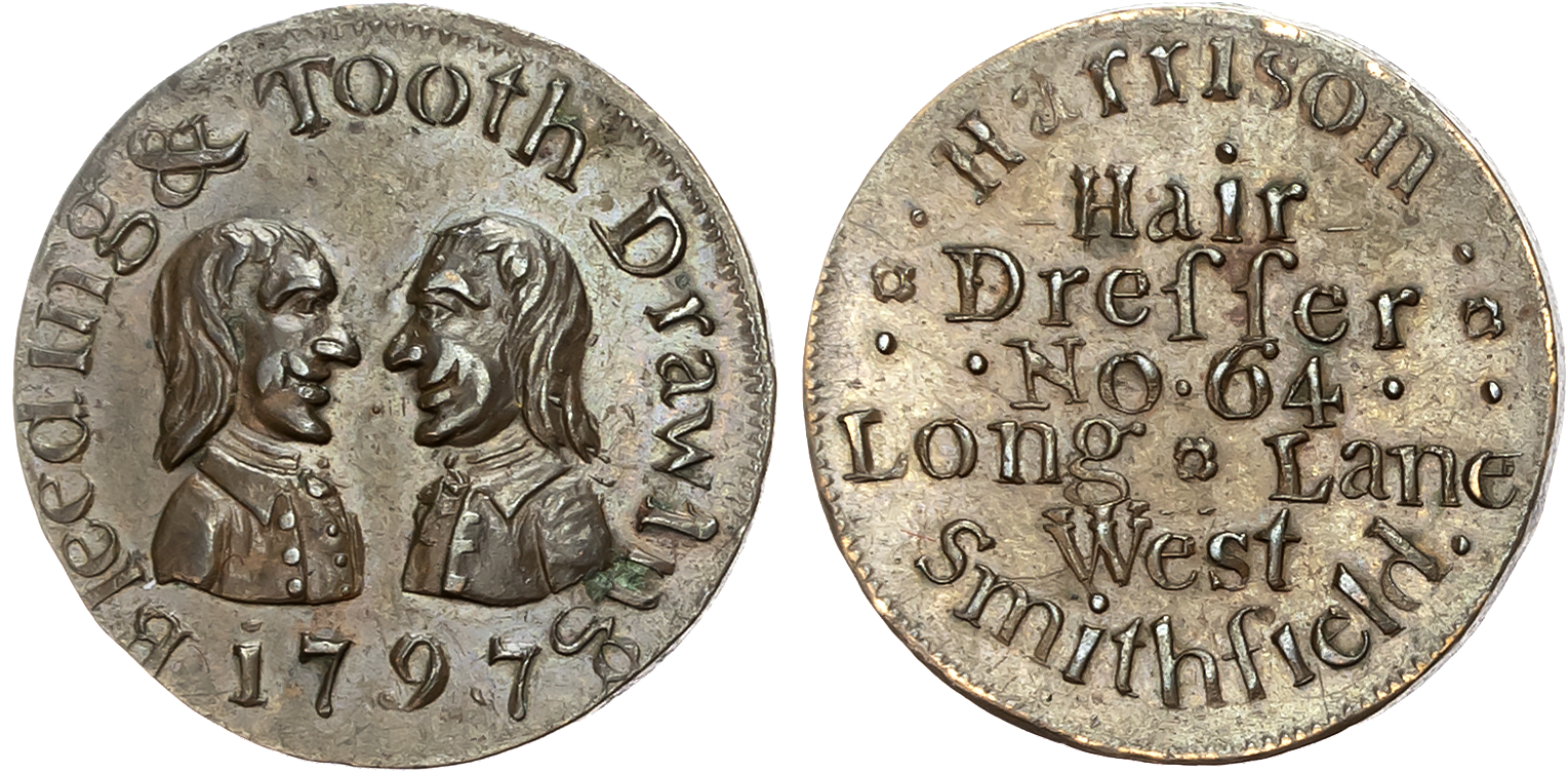 London,  West Smithfield, Richard Harrison (hairdresser, dentist), Denton’s Farthing 1797, Harrison hair dresser, rev .  …