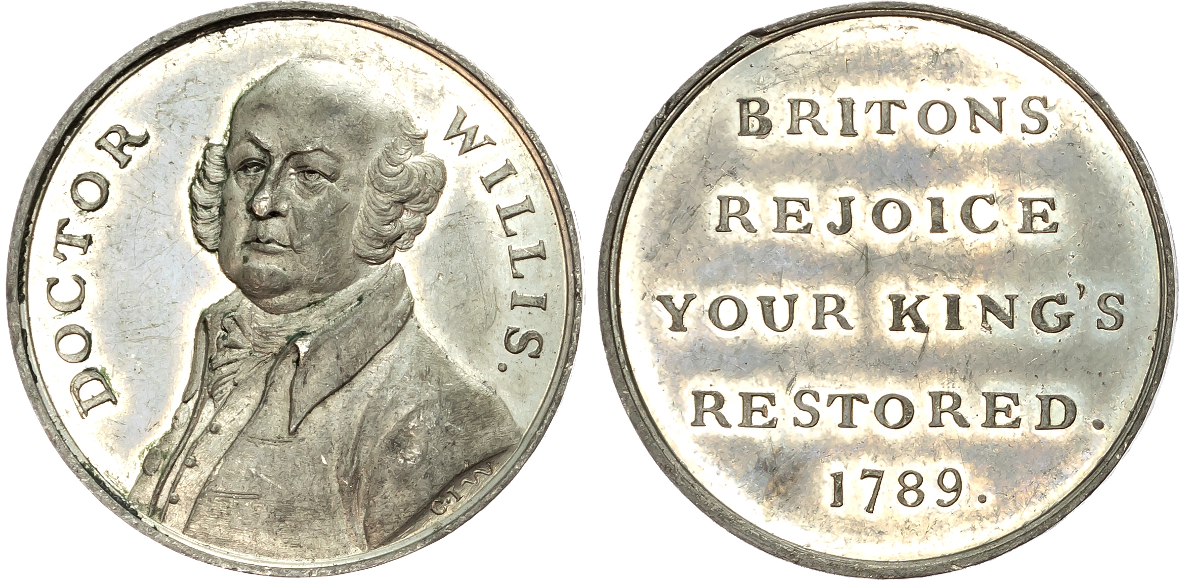 London , Social Series, White-metal Penny 1789, Bust of Dr. Willis half left, rev. BRITONS REJOICE YOUR KING’S RESTORED …