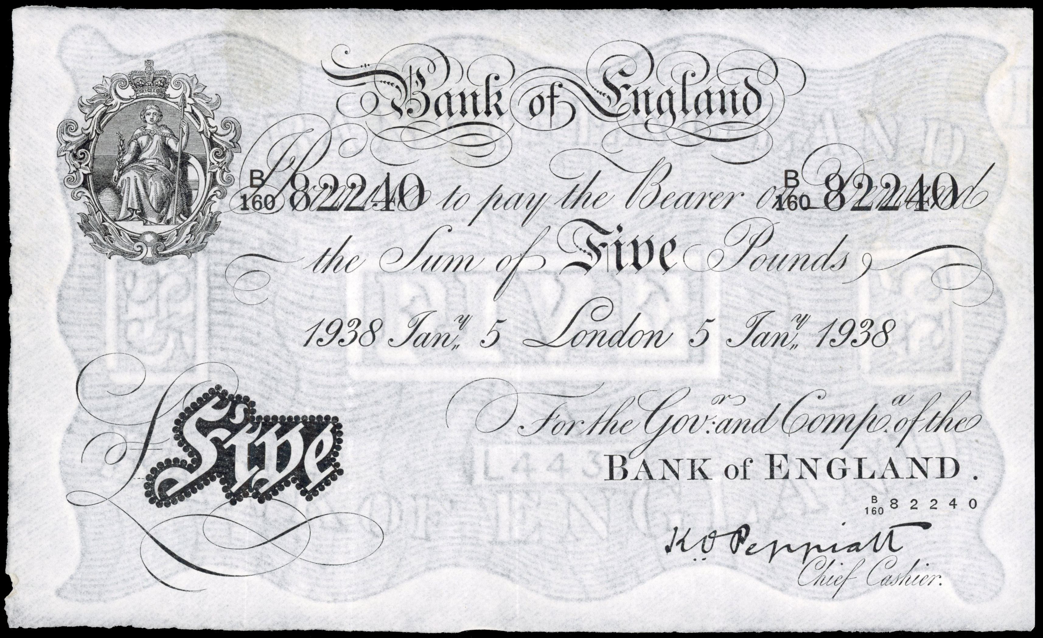 Bank of England, K O Peppiatt, White Five Pounds, London, 5 Jan. 1938, B/160 82239 and 82240 – consecutive num…