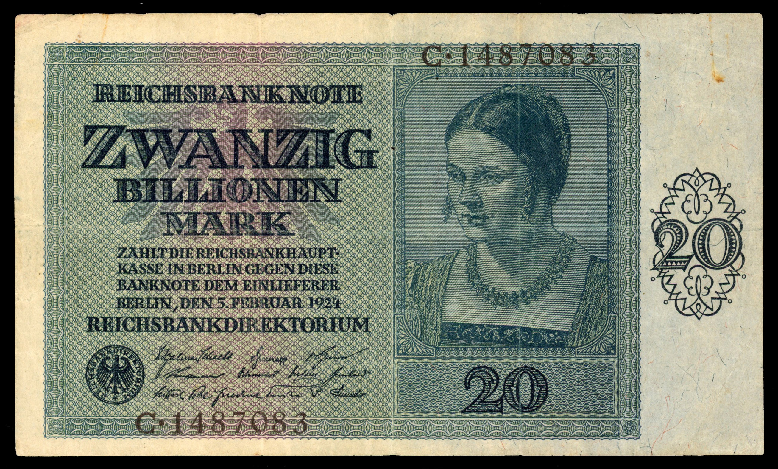 Germany, Weimar Republic, 20 Billion Mark Reichsbanknote, 1924, serial number: C1487083.