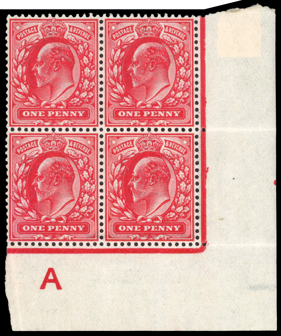 1902 1d Very deep carmine (Blood red), Unmounted o.g. bottom corner marginal control “A” block of four