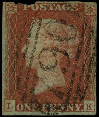1845-47 1d red-brown plate 75 lettered LK,...