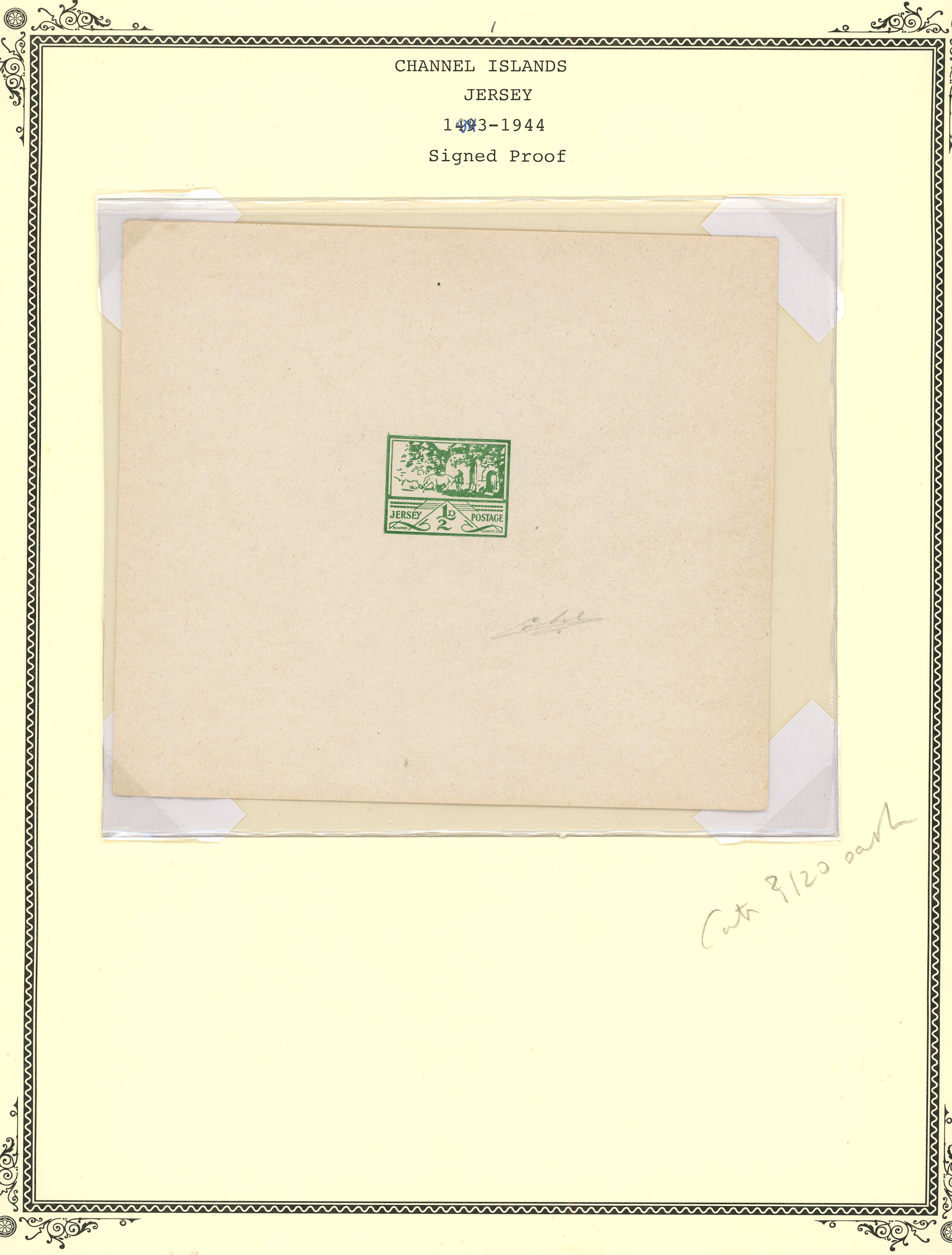JERSEY: 1943-44 ½d green, 1d orange, 2d orange and 2½d blue proofs on grey wove paper (144 x 125) signed in pencil by...