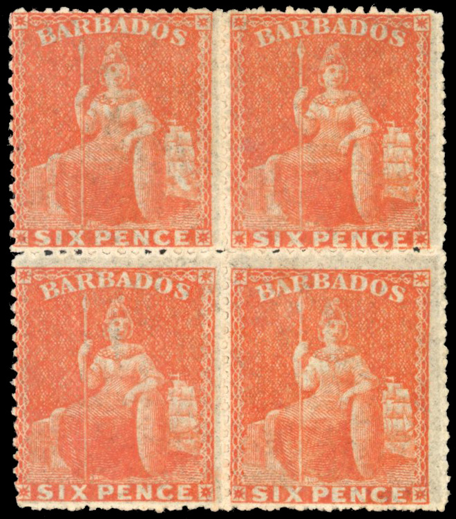 Barbados 1861-70 6d dull orange-vermilion, block of four, mint, SG 32