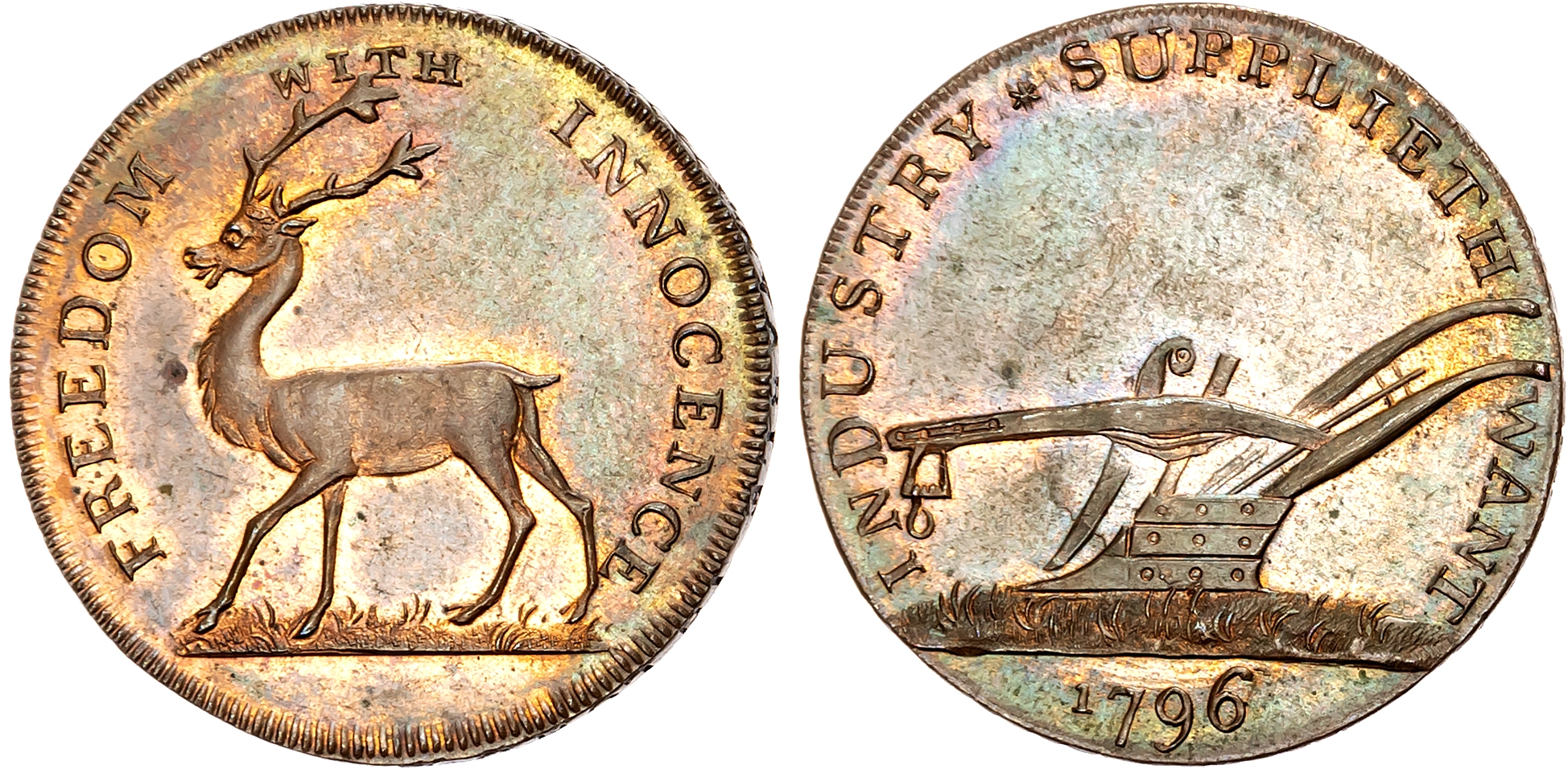 London, Social Series, Lutwyche’s Buck Society Halfpenny 1796, Stag walking left, rev. Plough, edge PAYABLE IN LONDON r …