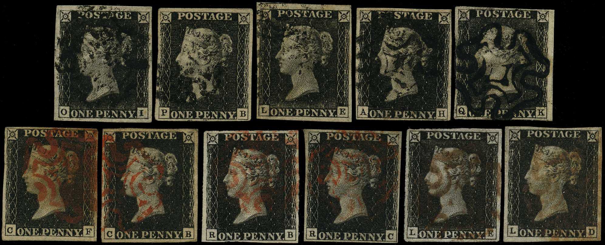1840 1d black Plate 6 group, up to four...