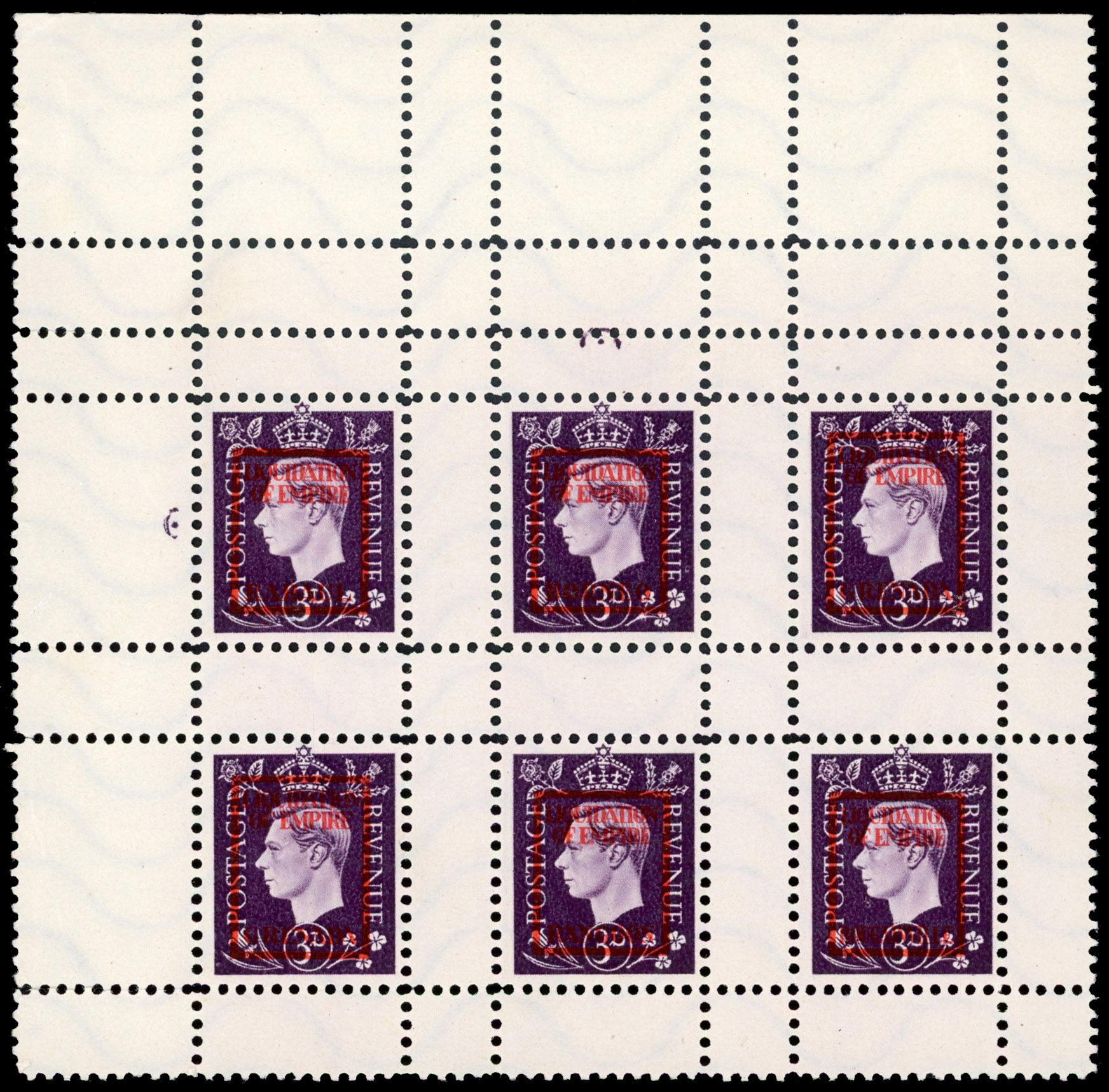GB 1944 German propaganda forgery 3d violet 'Liquidation of Empire' block of 6 unused