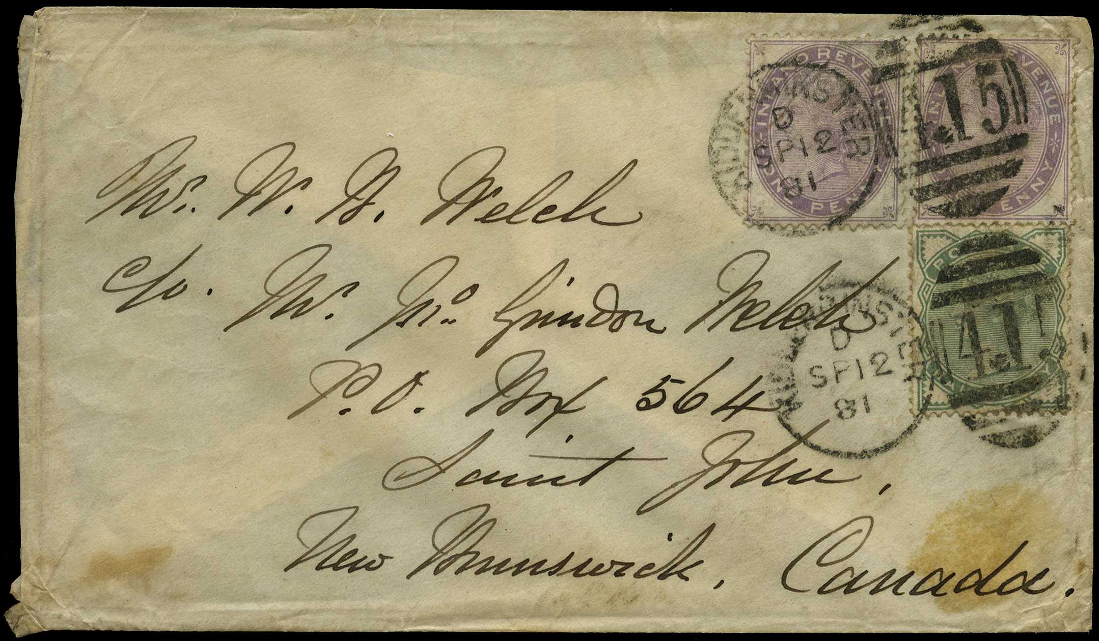 1881 cover to New Brunswick, Canada franked...