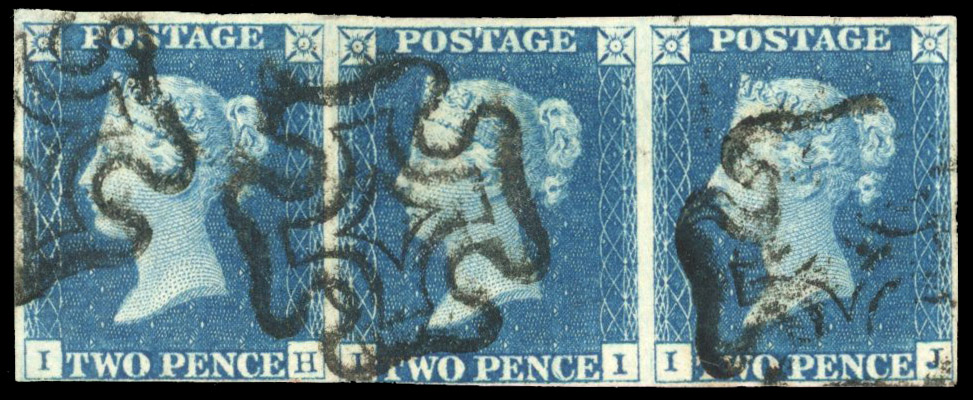 GB 1840 2d blue strip used