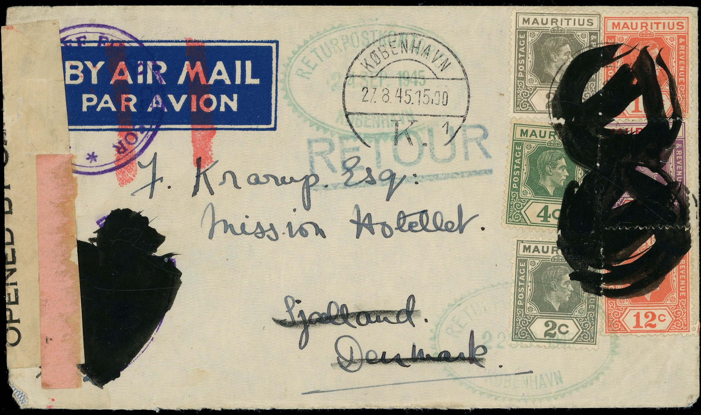 Mauritius WW2 cover to Denmark