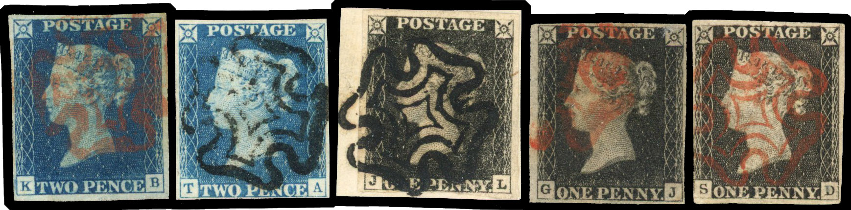 1840 1d black (JL) on piece, black MC close at bottom, (GJ) and (SD) red MCs, 2d blue (KB) red MC and (TA) black MC