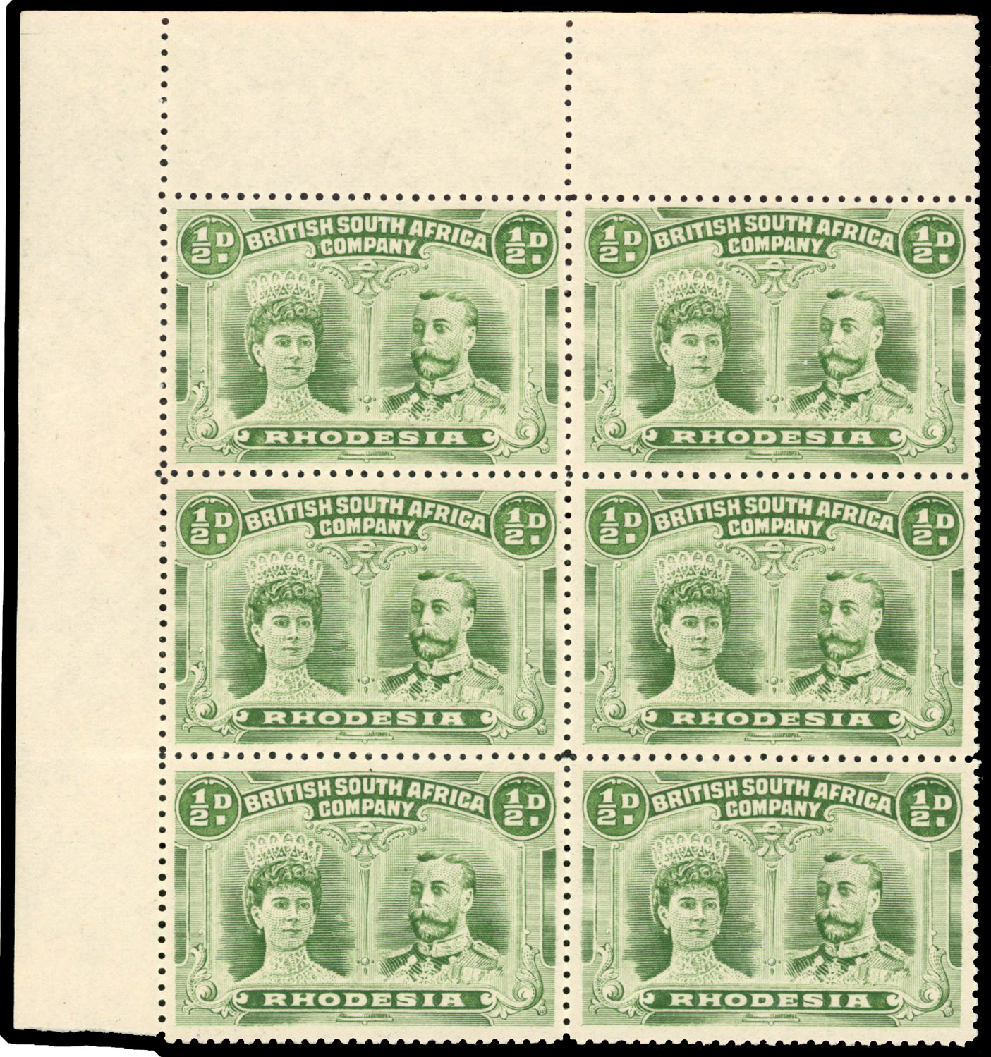 Rhodesia 1910-13 ½d yellow-green perf 14 block of 6