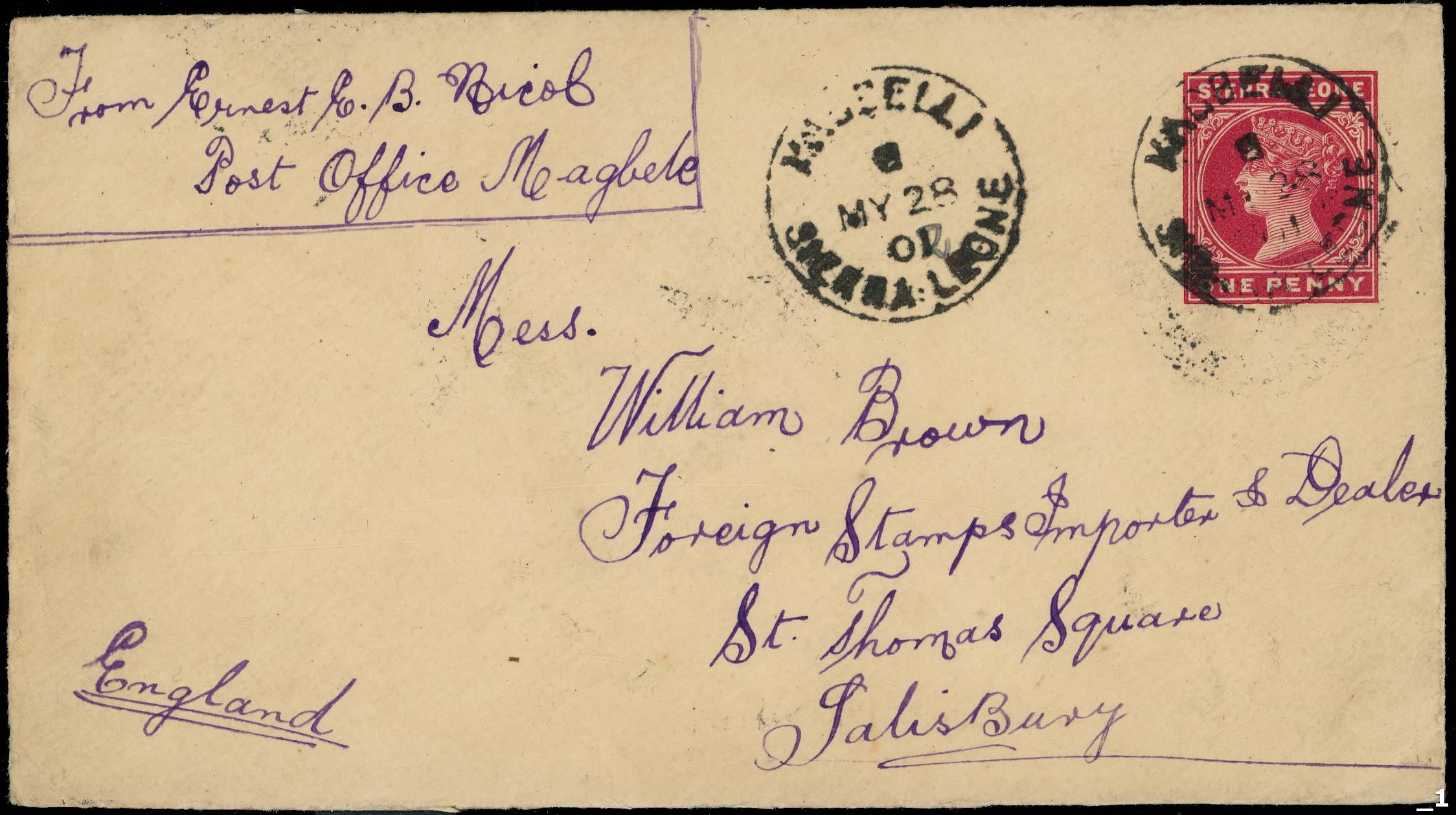 Sierra Leone POSTAL HISTORY: 1902 1d carmine postal stationery envelope addressed to England