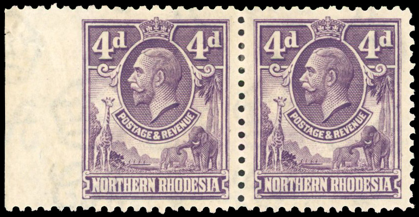 Northern Rhodesia KGV 4d Violet IMPERF BETWEEN STAMP & MARGIN S.G. 4var