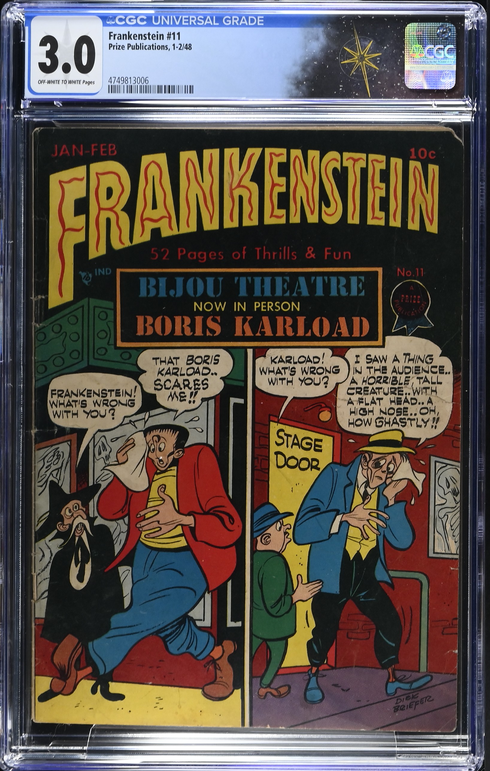 Frankenstein #11 CGC 3.0 Cover by Dick Briefer Boris Karloff Parody (Prize Publications, 1948) Off-White to White Pages
