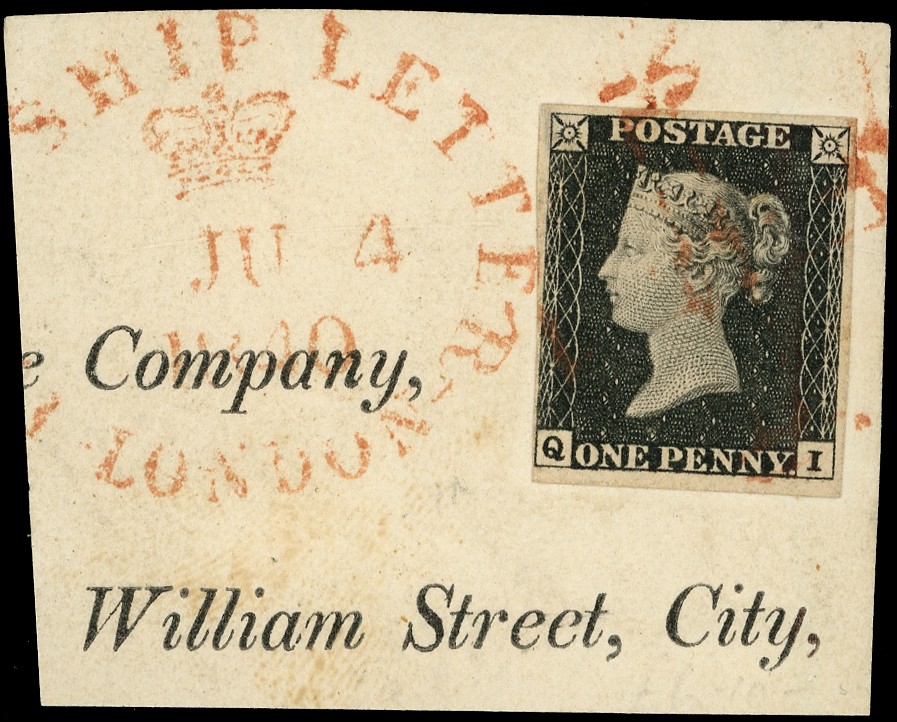 1840 1d Black Pl.1a Inspector's “Crutched Cross” and Ship letter...