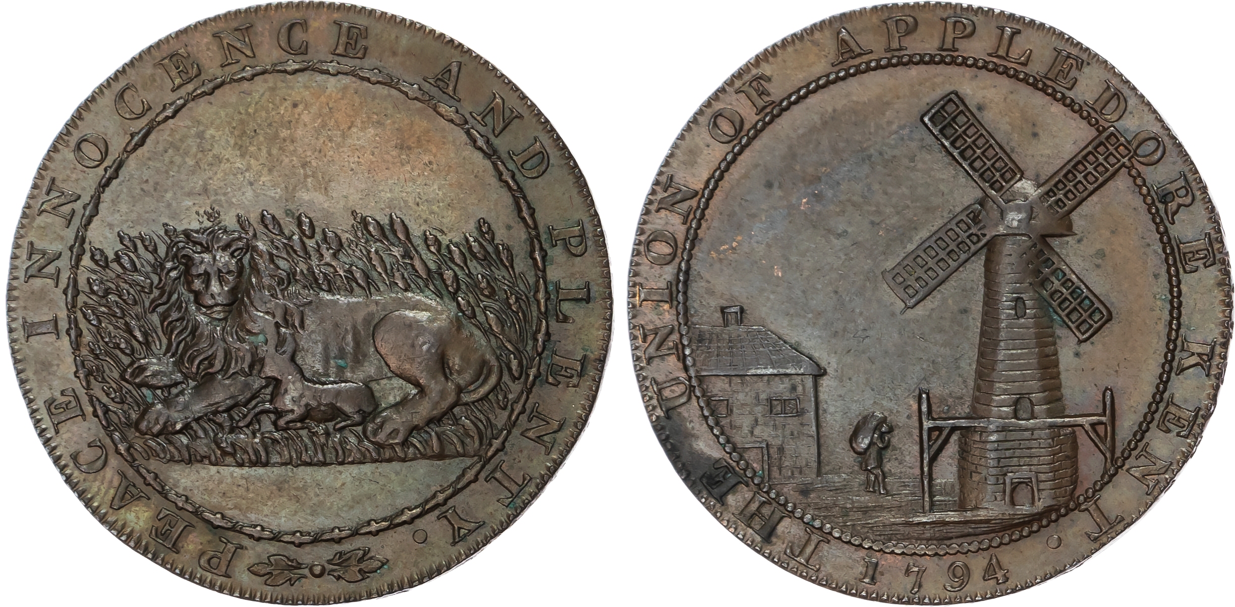 Kent. Appledore, W Peckham (general shopkeeper) Halfpenny 1794, Lion and lamb lying together, rev. Windmill, e…