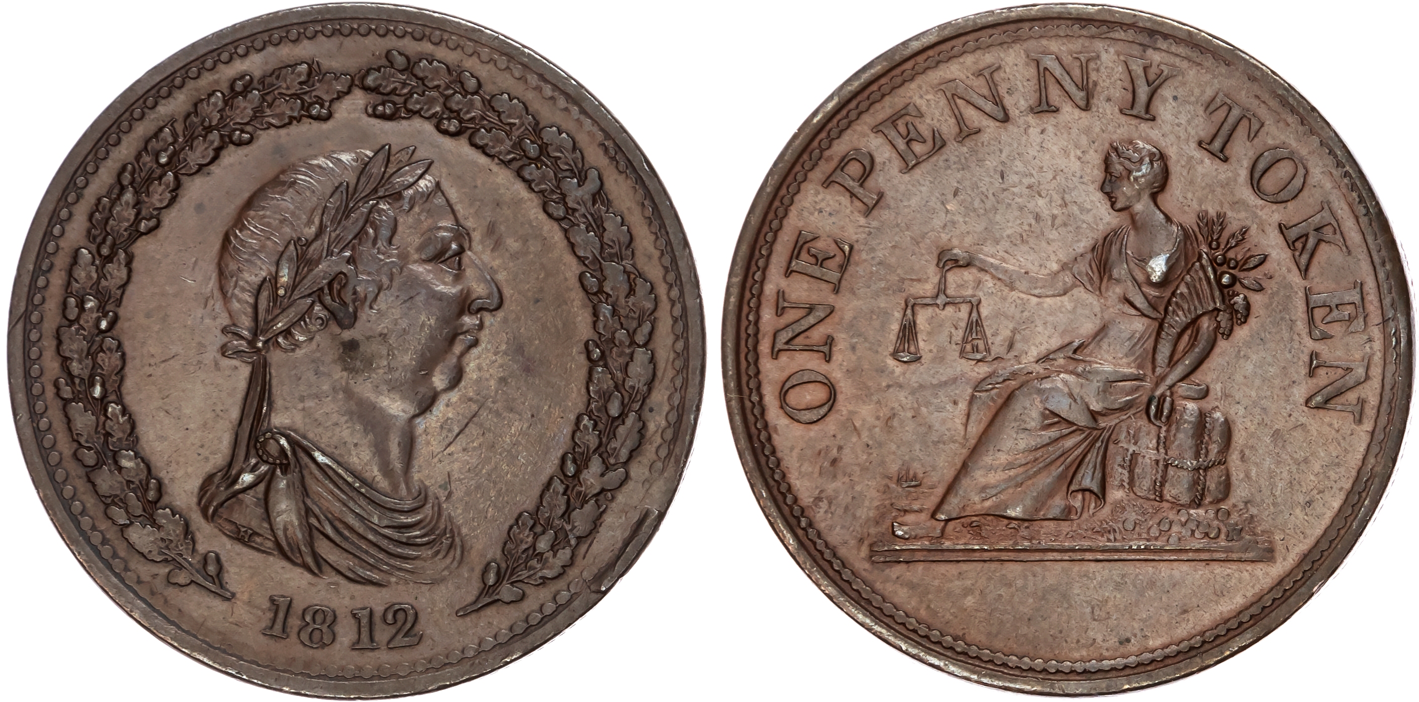 General Circulation, Halliday Penny 1812, Laureate, draped bust of George III right within an oaken wreath, re…