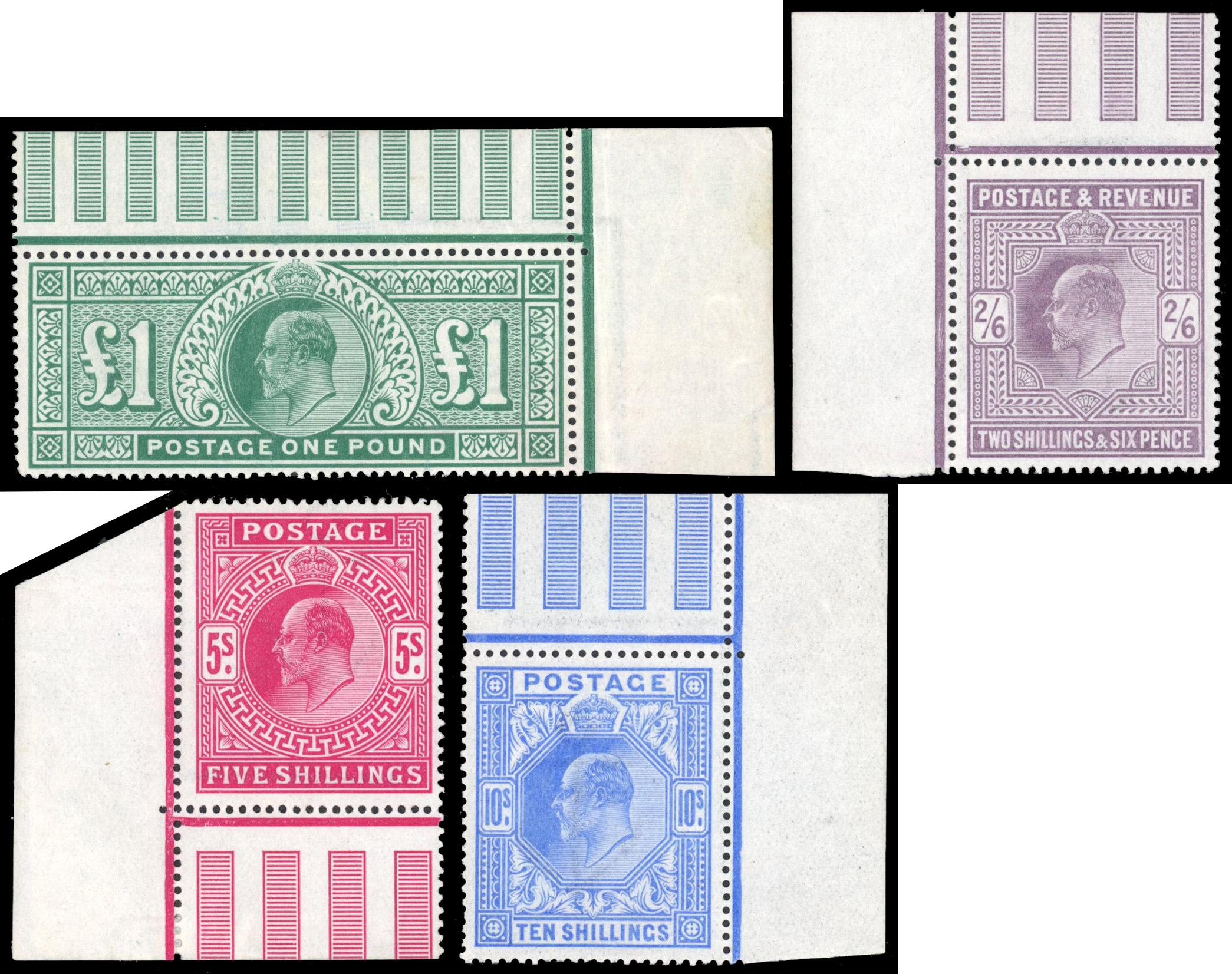 Great Britain 1902-10 De La Rue 2s6d to £1 corner marginals large part o.g.
