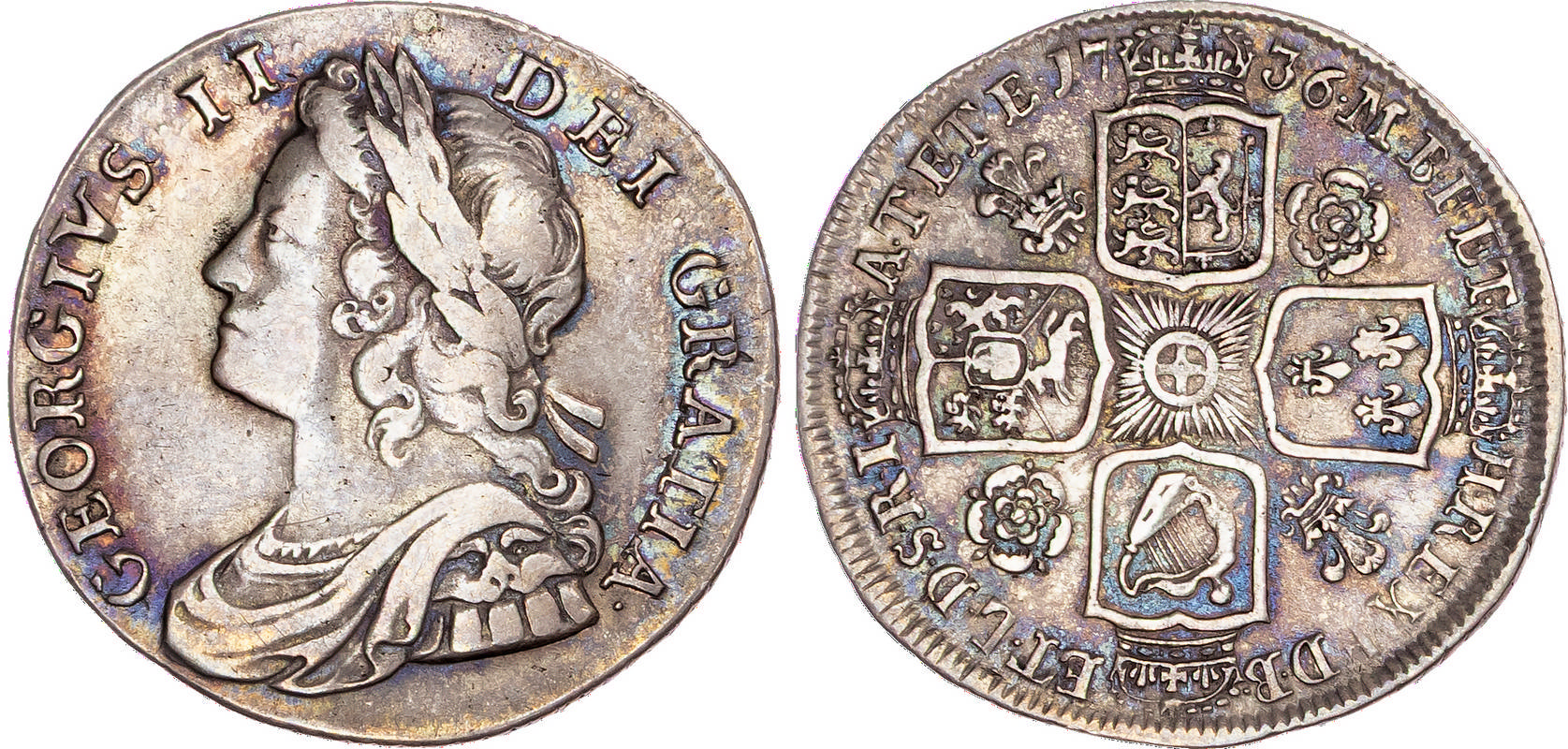 George II (1727-1760), AR Shilling, 1736, roses and plumes.
