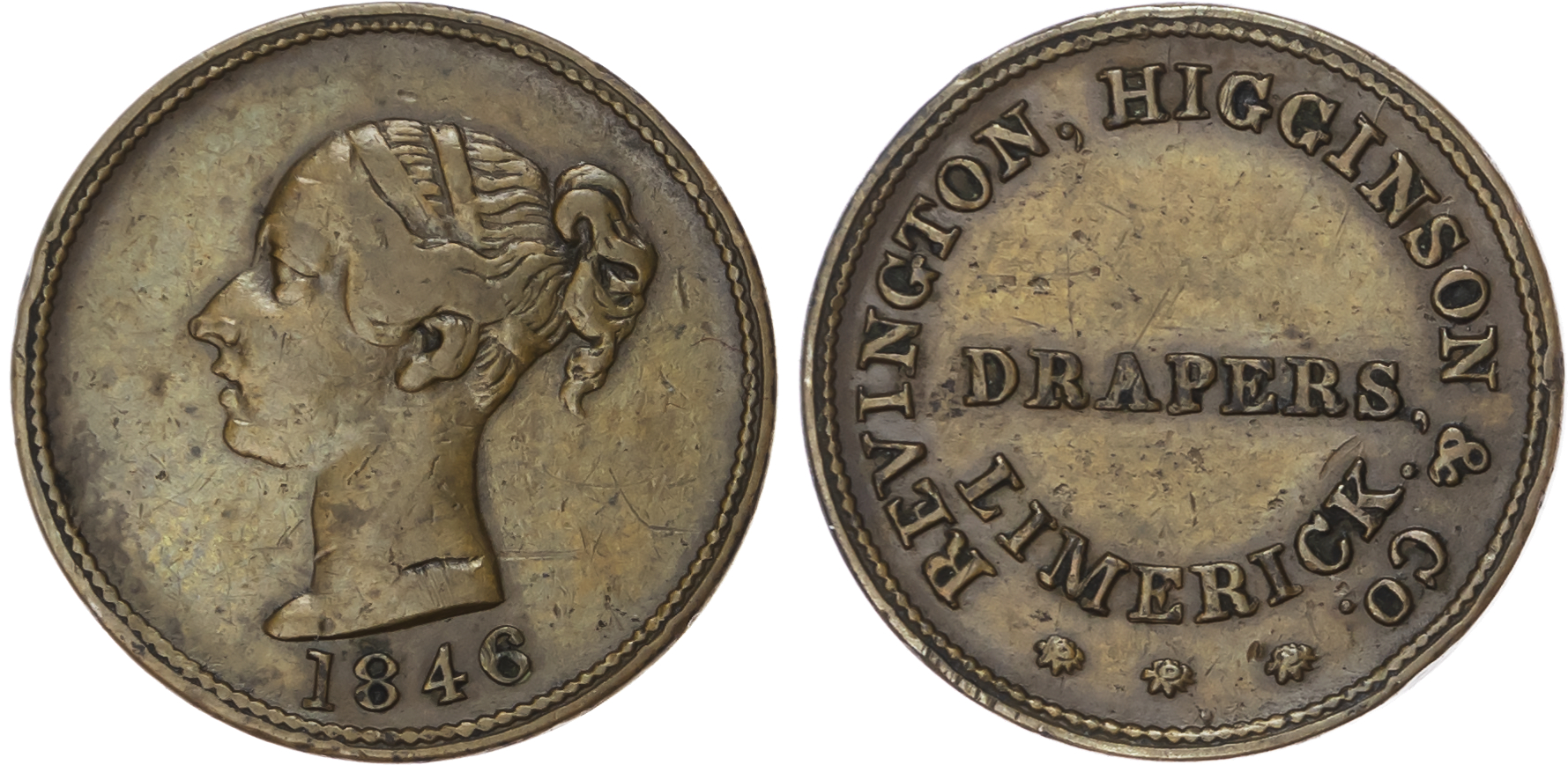 Limerick, Revington, Higginson & Co. (Linen & Woollen drapers, haberdashers), farthing 1846, head of Victoria …