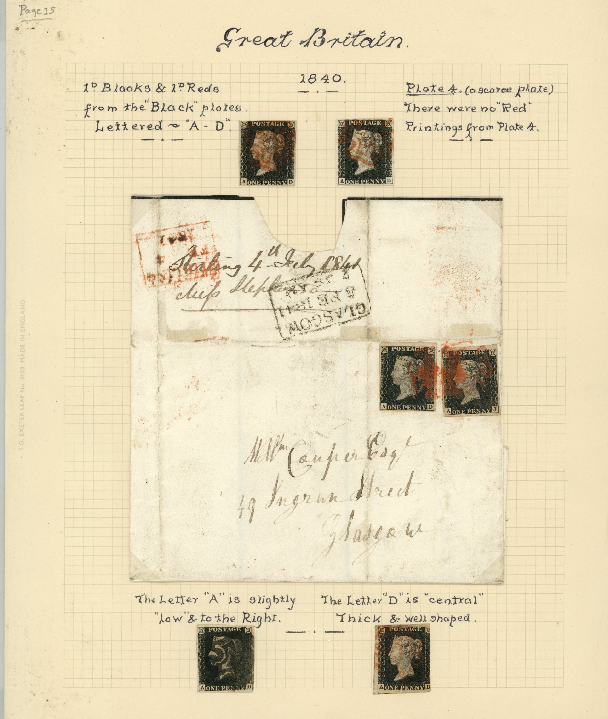 1840 1d black, Plate 4, six examples (two...